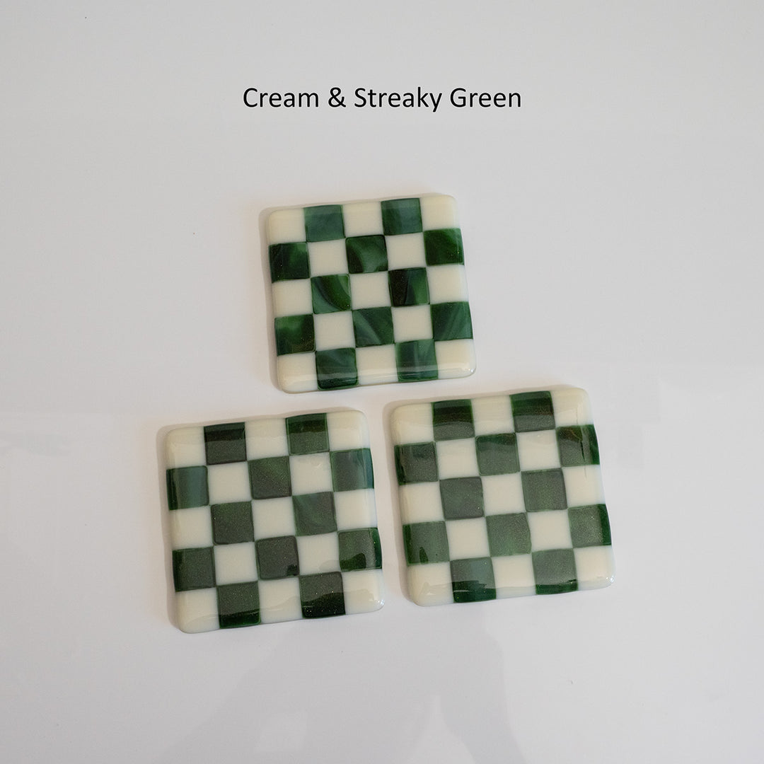 10cm Cream &amp; Streaky Green Chequered Coaster - Bullseye Collection