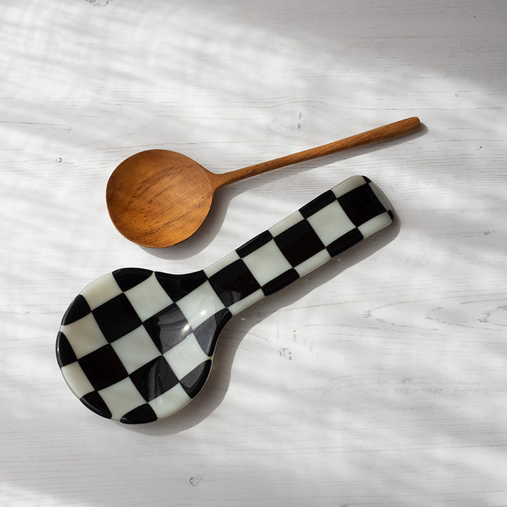 30cm Fused Glass Spoon Rest - Light Grey & Black - Bullseye Collection
