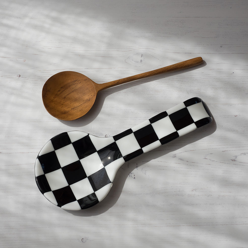 30cm Fused Glass Spoon Rest - White & Black - Bullseye Collection