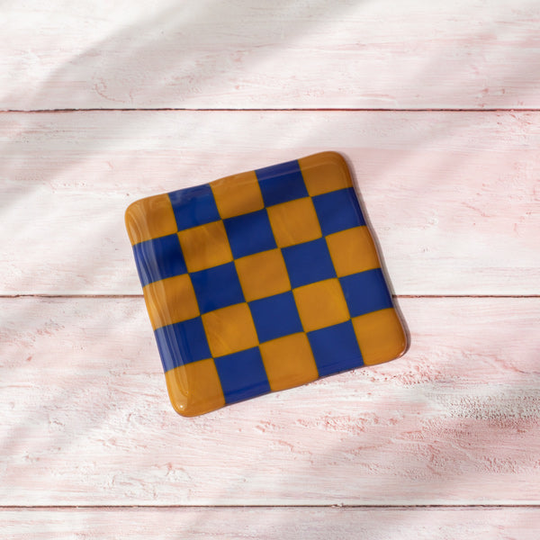 10cm Chequered Dual Coloured Coaster - Butterscotch &amp; Indigo Blue image