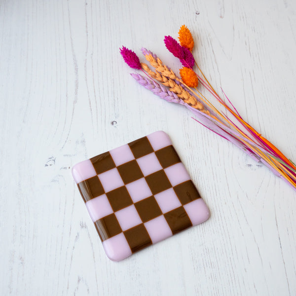 10cm Chequered Dual Coloured Coaster - Pink &amp; Brown Woodland image