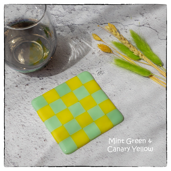10cm Chequered Dual Coloured Coaster - Green Mint &amp; Yellow Canary image