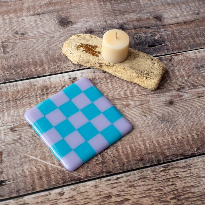 10cm Chequered Dual Coloured Coaster - Lavender &amp; Blue Cyan image