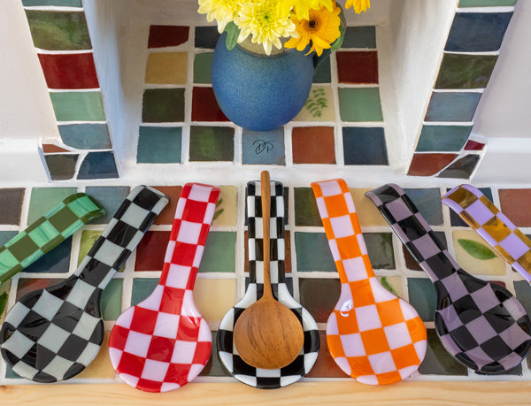 30cm Chequered Glass Serving Spoon Rest - Black & Streaky Peacock Blue image 5