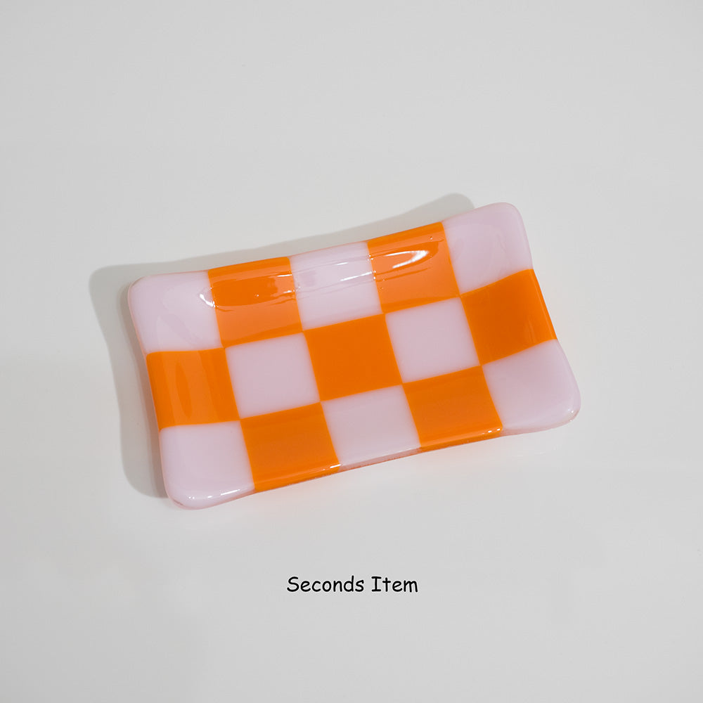 "Seconds" 15x8cm Chequered Pink & Orange Medium Tray (please read full description)