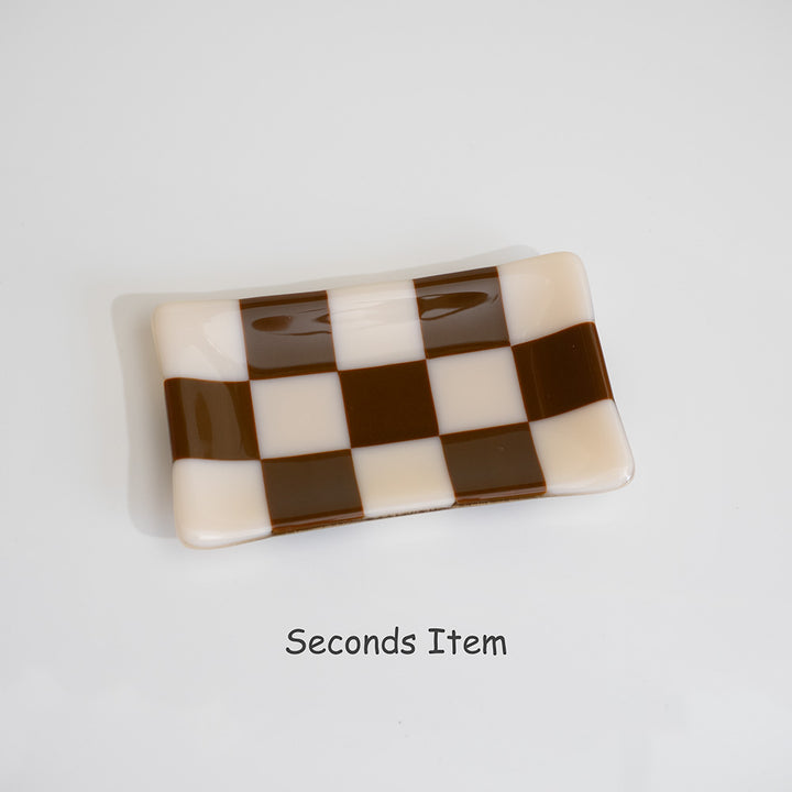 "Seconds" 15x8cm Chequered Almond & Brown Medium Tray (please read full description)