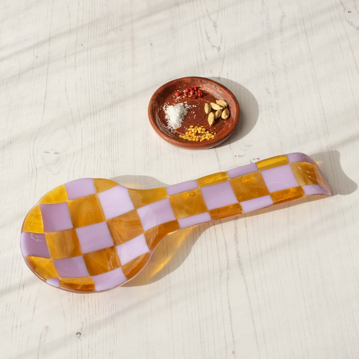 30cm Fused Glass Spoon Rest - Lavender & Streaky Transparent Amber/White - Bullseye Collection