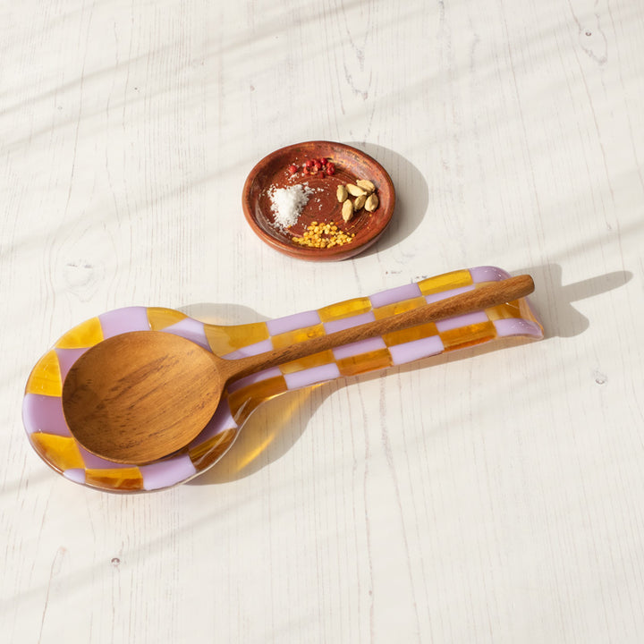 30cm Fused Glass Spoon Rest - Lavender & Streaky Transparent Amber/White - Bullseye Collection