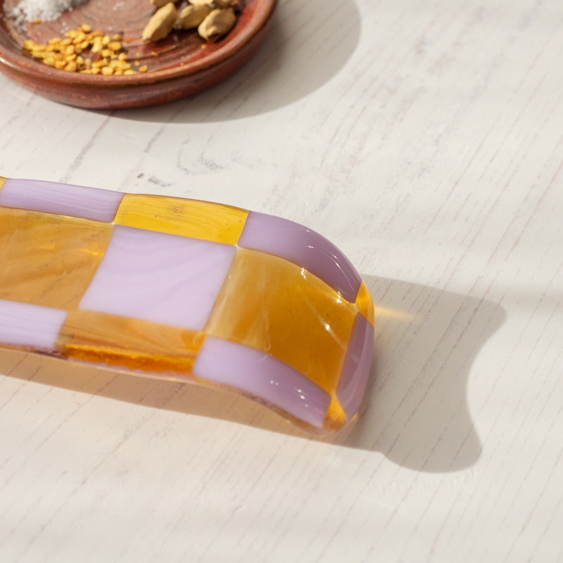 30cm Fused Glass Spoon Rest - Lavender & Streaky Transparent Amber/White - Bullseye Collection