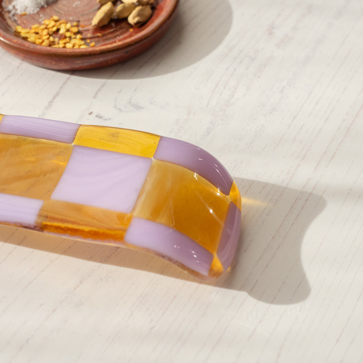 30cm Fused Glass Spoon Rest - Lavender & Streaky Transparent Amber/White - Bullseye Collection
