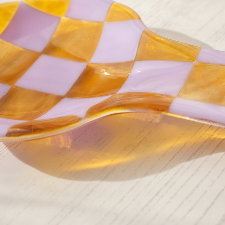 30cm Fused Glass Spoon Rest - Lavender & Streaky Transparent Amber/White - Bullseye Collection