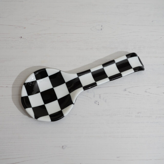 "Seconds" 30cm Black/White Checkered Glass Serving Spoon Rest